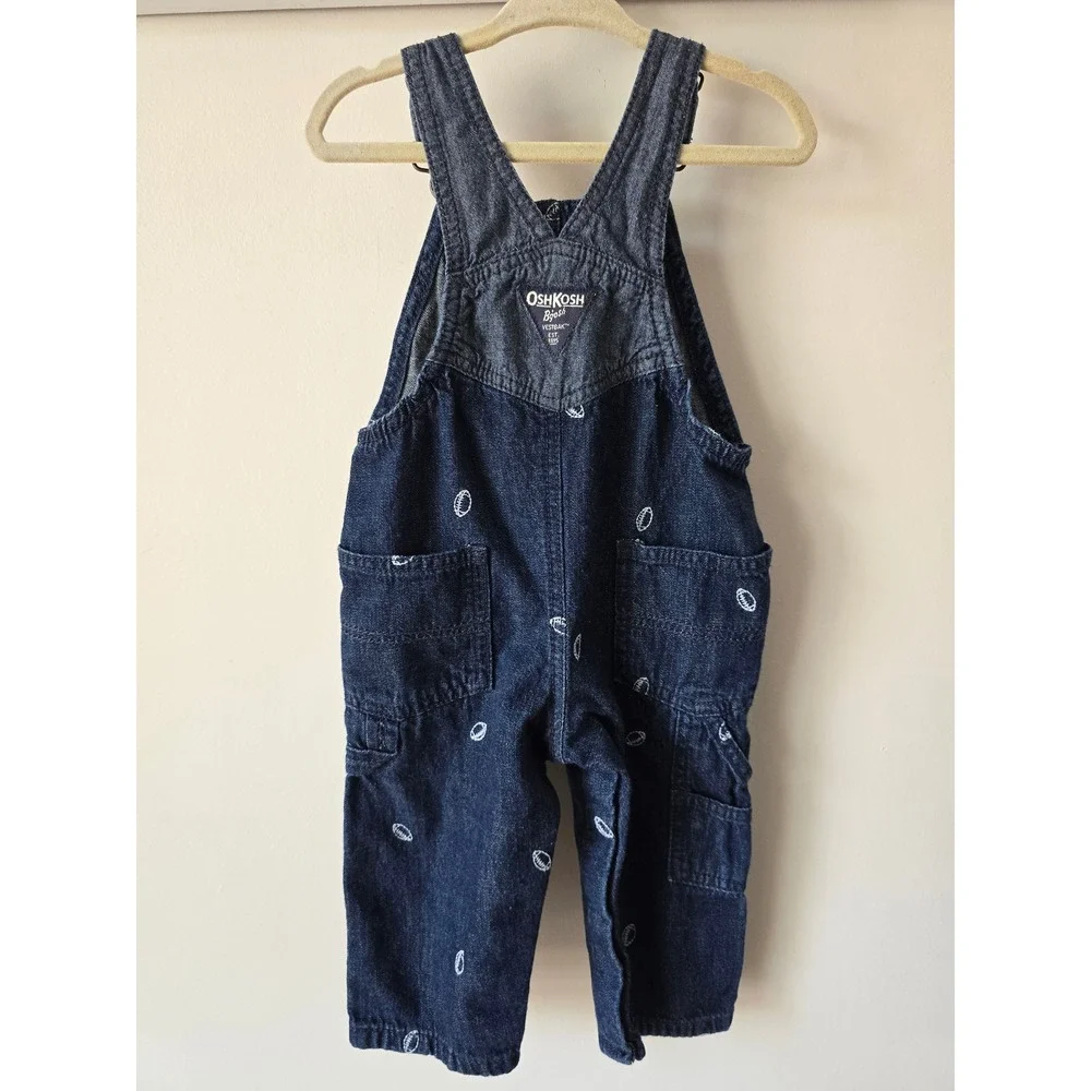 OshKosh Bgosh Kids Dark Wash Denim Football Embroidered Vestbak Overalls 12M